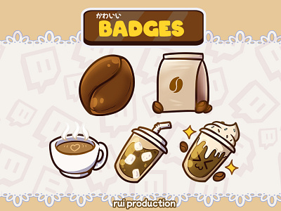 vtuber chibi emotes twitch, coffe badges, ice coffe milk ruiproduction