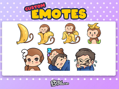 vtuber chibi emotes twitch, custom emotes, banana, monkey cute anmation