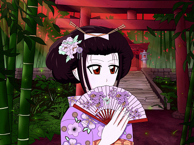 Geisha wandering through the woods anime art anime style artwork character design digital art digital illustration digitalart female character illustration japanese style