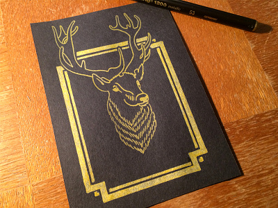 Golden Deer black card deer doodle draw drawing gold illustration ink paper postcard