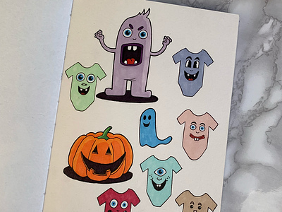 Sketches for bodysuit design apparel ghost halloween ink markers monster paper pumpkin sketch sketchbook