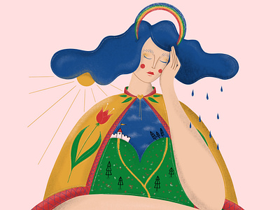 “Spring” Illustration 1/4 from the Seasons series digital illustration female body female illustration folk art folk tales hungarian lumiera lumiera studio primary colors procreate rain rainbow rural life seasons spring sunshine