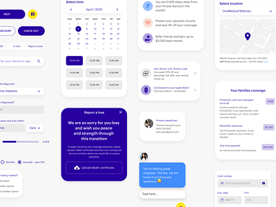 Insurance App UI system app calendar card chat components design system input ios iphone light list map mobile payment princing purple rounded
