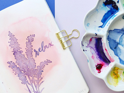 Relaxation time illustration lavender lettering watercolor