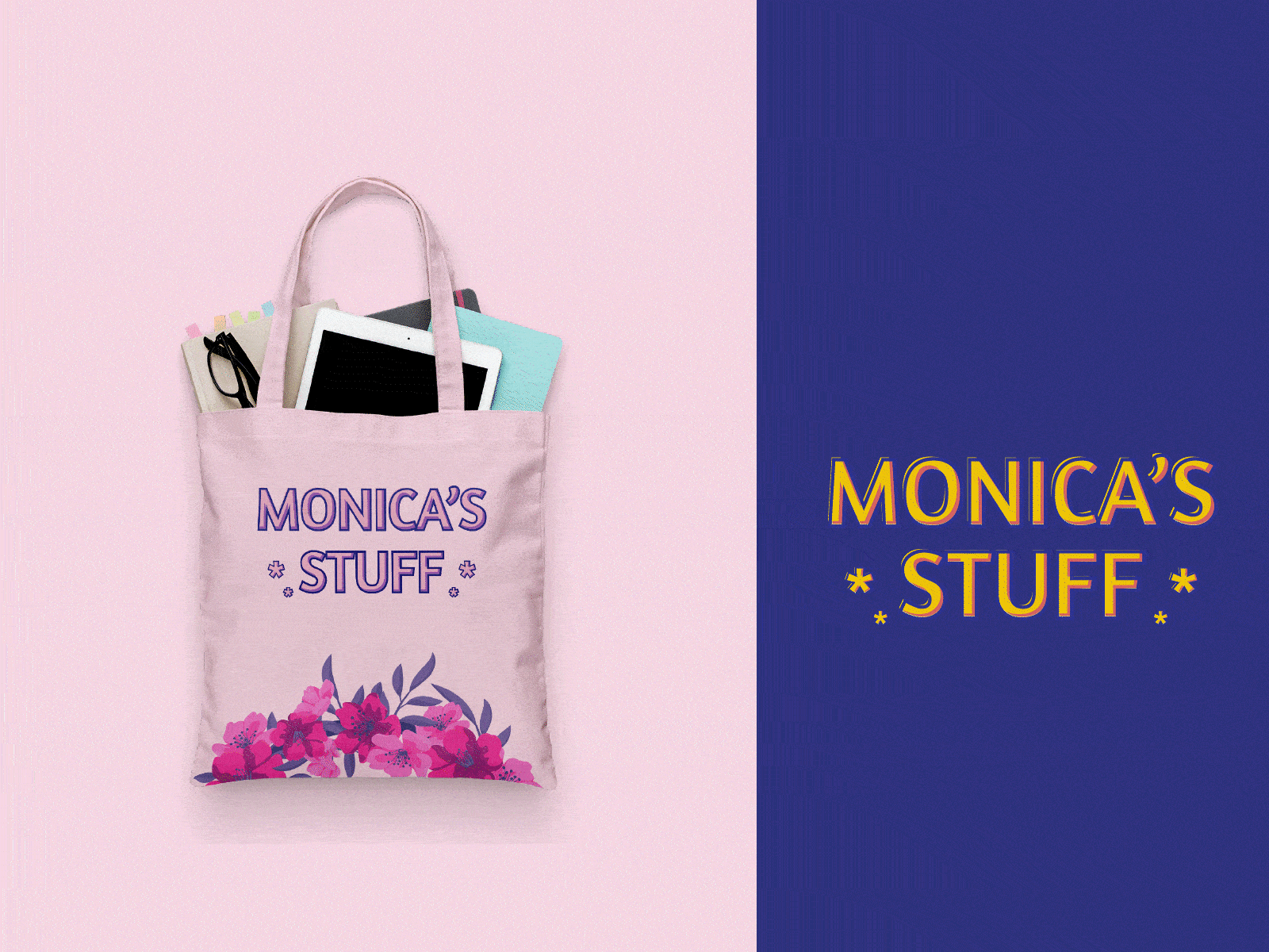 Monica's Stuff - Tote Bag Design gif handbag message motion graphics packaging text text desing tipographic tote bag