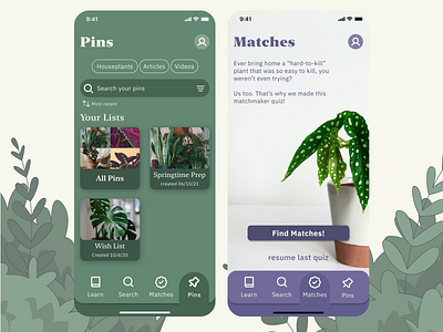 thrive app - Pins & Matches app design illustration minimal plants ui ux