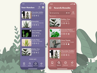 thrive - Matches List & Search Results List design minimal plants ui ux