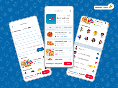 Dominos Events : Concept App app extention budgetplaner bulk ordering concept dominos event planer food app food delivery group ordering ia interactive planer minimal mobile app pizza retail sceduler ui ux visual design visualization