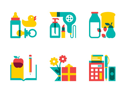 22 Seven apple baby bank bottle education finance flower gift icon iconography shapes vector