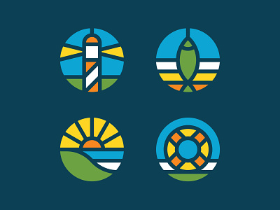 Seaside Iconography circle icon land light lighthouse line sea seaside sun vector