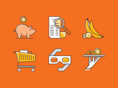 Woolworths Icons banana glasses groceries icon line piggy bank save shadow shopping store trolley vector