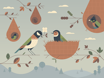 Empathy by Design birds branches delicate editorial flatvector geometric illustration leaves nest vector