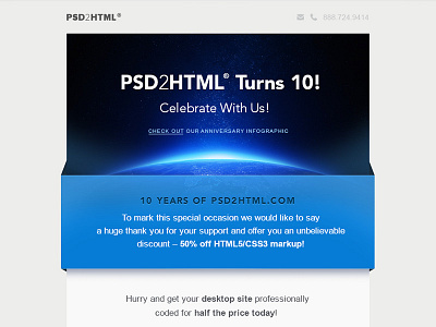 PSD2HTML newsletter anniversary celebrate discount newsletter psd2html space