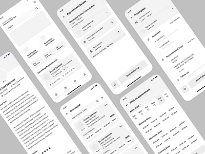 HomeCare low fidelity wireframes booking app careapp colors concept design doctor listing doctorbooking app experiment homemedicine low fidelity wireframes medicines mobilehome screen slots ui uiux user interface ux wireframes