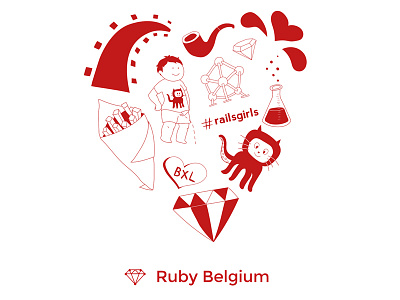 Railsgirls Brussels Sticker brussels doodles fries github heart manneken pis potion rails red ruby
