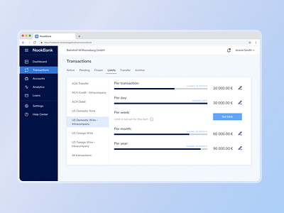 Transaction limits dashboard - online banking