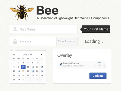 Bee UI Elements bee blue button clean collection component date datepicker elements email hide icon input letter lightweight loading notification open source overlay password popover show submit tooltip web ui white