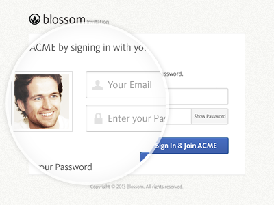 Login to accept Invitation acme avatar blossom blue button email login password picture profile reset show sign in