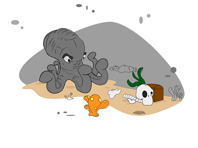 septapus' treasure animals characterdesign coral illustration minimal ocean octopus skeleton treasure