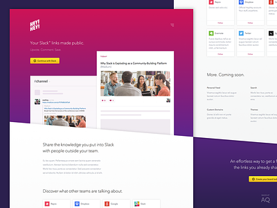 Hey!Hey! Get a following with the links you share on Slack call to action conversion cut out gradient homepage product service slack