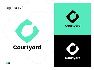 courtyard restaurant logo design with plate and spoon c letter