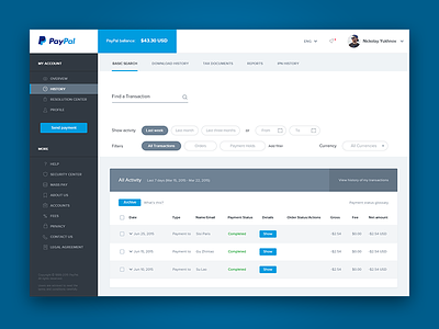 Paypal Redesign dashboard finance interface paypal table ui ux web wireframes