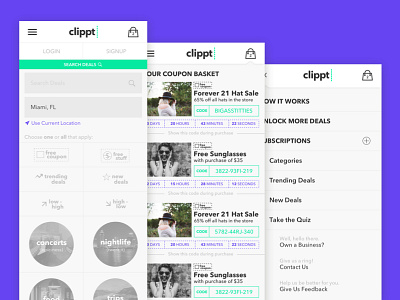 Last few mobile shots for Clippt branding coupons deals design ios mobile responsive ui ux web