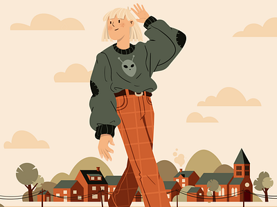 Leaving town character design characterdesign city color design digital digital2d editorial illustration flat freelance illustration illustrator town vector art vector illustration walking