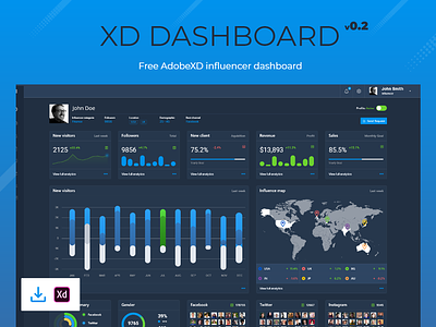 XD Dashboard v0.2 - Influencer Dashboard account settings adobe xd dark blue dashboard design influencer dashboard profile page ui ux widget