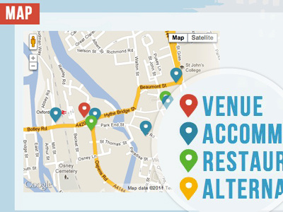 jQuery Conference - Map blue conference css css tricks event google map green map marker orange pin tag website yellow
