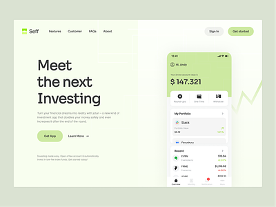 Seff - Investing app landing page app application bank clean company design dollar finance financial green apple growth investing investment landing page money portfolio saas stock ui website