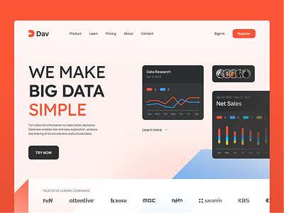 Dav - Data Analytics landing page analytics card chart clean dashboard data design grow landing page manager minimalist orange product design saas software statistics stats tool ui ux