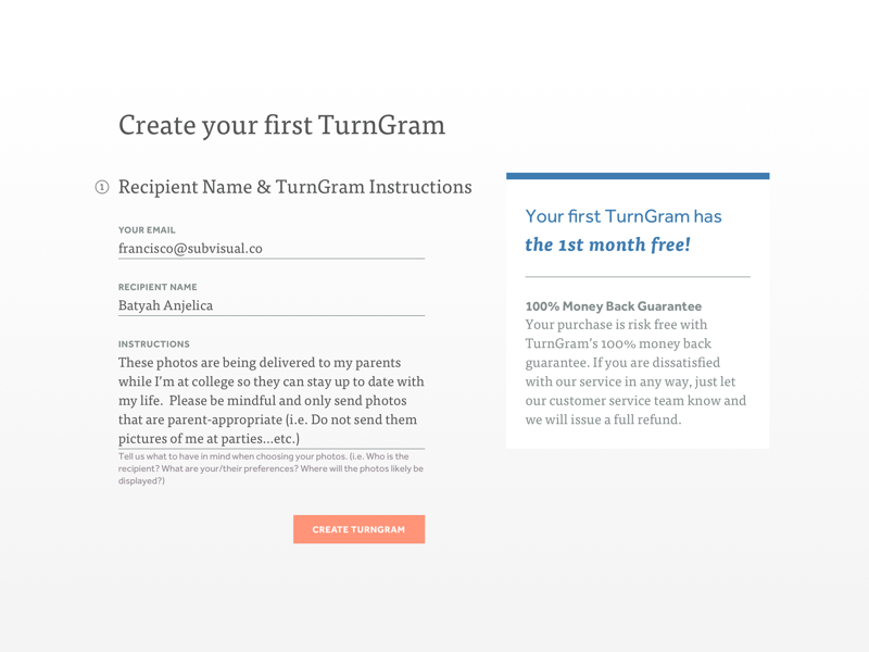 Create TurnGram Form text input input form blue desktop orange color type typography product ui