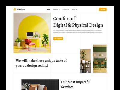 Interior Designer Landing Page bootstrap branding dark theme decor design designer furniture hero banner homepage illustration interior landing page logo ui uiux user interface ux vector wordpress yellow