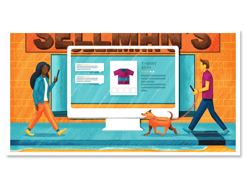 Window Shopping sidewalk walking dog dogs graphic design gouache