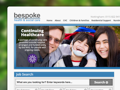 Bespoke Health & Social Care Website website wordpress health healthcare blue screen photo photographic background form search job jobs