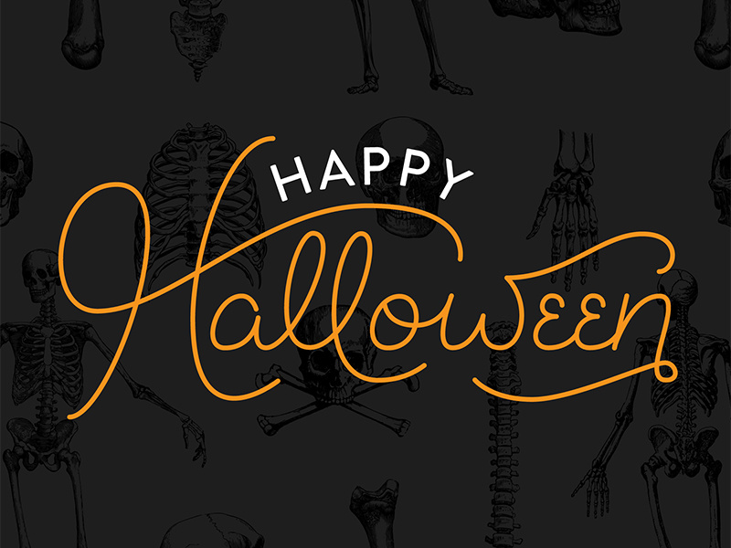 Happy Halloween lettering typography black orange skeleton bones skulls spooky trick or treat halloween monoline