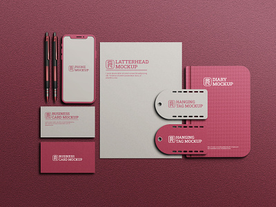Pink color special stationery mockup branding business card diary hang tag latterhead logo mockup mockup design pen presentation