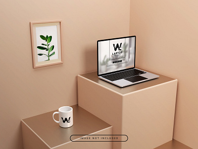 3D Laptop Mockup with Mug and Photo Frame