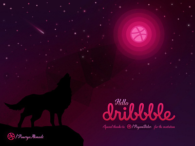 Hello Dribbble! debut dribbble dribbble ball dribbblers first design hello hello dribbble illustration moon night night sky pink star stars wolf wolf howling