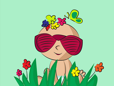 Hello spring - The cute baby... adobe ai animation baby butterfly cartoon diaper eps flower graphic design grass green hand drawn illustration illustrator kute little baby spring sunglasses vector