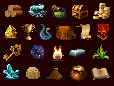 Common Game Icon Pack coins crystal earth fire flag game goblet gold icons inventory mana money