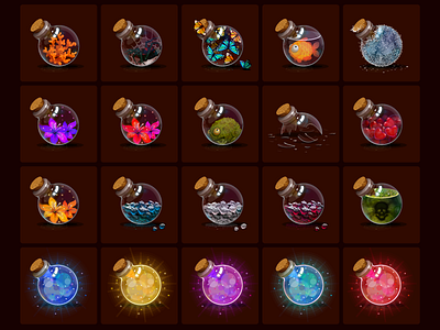 Magic Bottles alchemy bottle craft fantasy game graphics icons liquid magic mana potion vector withchcraft