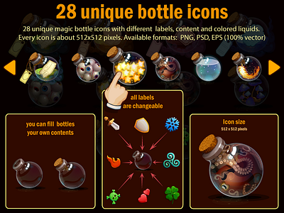 28 Unique Bottle Icons alchemy assets bottles elixir game game design game development liquids magic potion vector vial