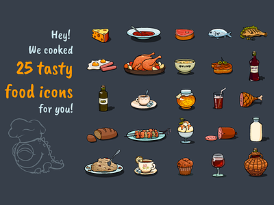 Cartoon Food Icons Game Set assets breakfast business lunch cafe cookbook cookery cooking dinner dish drink fastfood food