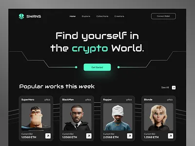 Swans - NFT Marketplace Website bitcoin blockchain crypto digital art digital painting elegant futuristic landing page nft nft 3d nft marketplace nft web nftwebsite token ui uiux web design website website design