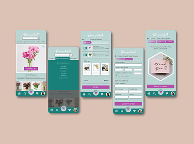 Flower Preview App adobe illustrator app check out checkout confirmation screen credit card delivery design figma flower hi fi home page iphone mobile mockup order prototype purchase teal pink ui