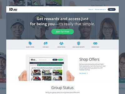 ID.me Landing Page blue branding clean design flat icon minimal simple sketch type ui ux