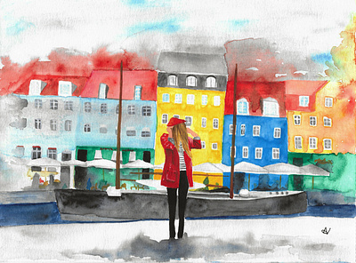 Colorful Harbor city colors copenhagen denmark harbor painting watercolor