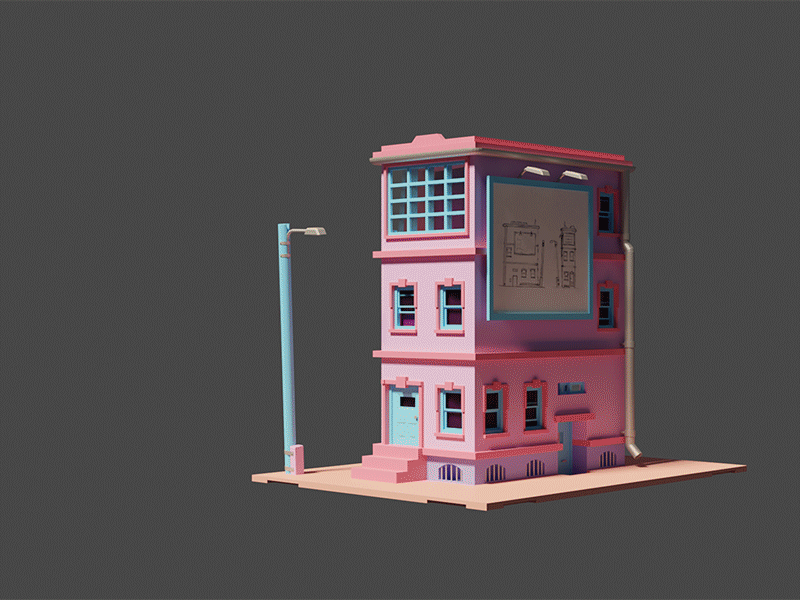 Dollhouse 3d animation building design house illustration minimal model modelling pink street texture texturing